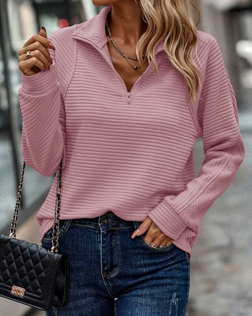 , BTFBM Womens 2023 Fall Fashion Quarter Zip Sweatshirts Half Zip Casual Long Sleeve Solid Color V Neck Pullover Tops