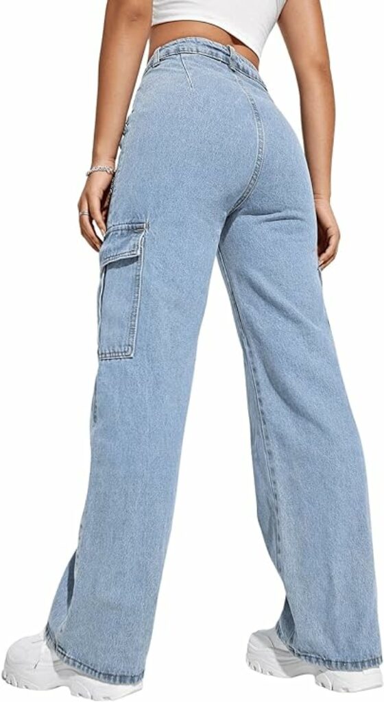 , SweatyRocks Women&#8217;s High Waist Cargo Jeans Flap Pocket Wide Leg Denim Pants