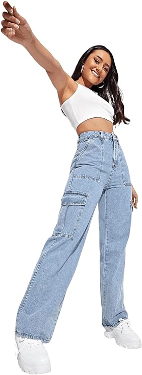 , SweatyRocks Women&#8217;s High Waist Cargo Jeans Flap Pocket Wide Leg Denim Pants