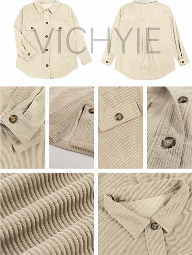 , VICHYIE Womens Corduroy Shacket Blouses Button Down Shirts Pocket Long Sleeves Tops Jacket Coats