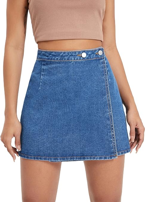 , WDIRARA Women&#8217;s High Waisted A-Line Button Wrap Denim Jean Skirt Mini Skirt