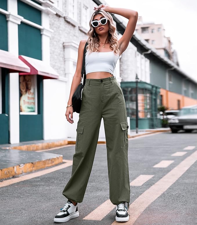 , ZMPSIISA Women High Waisted Cargo Pants Wide Leg Casual Pants 6 Pockets Combat Military Trousers
