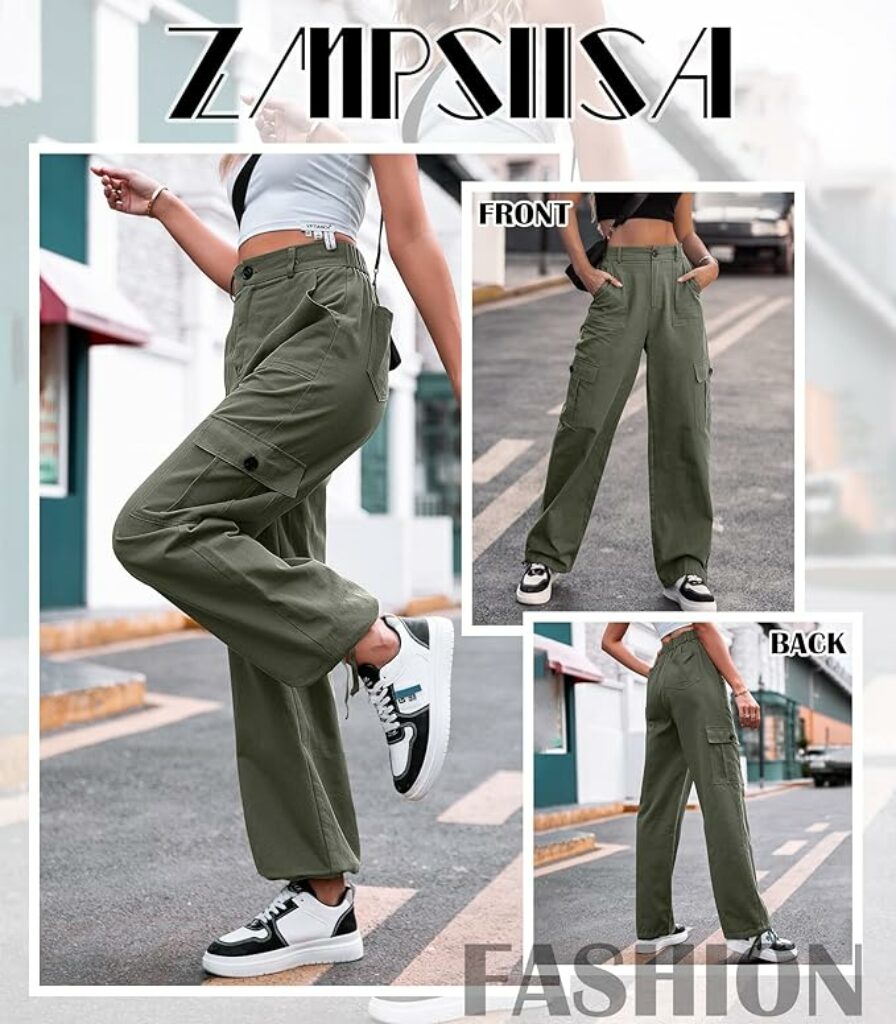 , ZMPSIISA Women High Waisted Cargo Pants Wide Leg Casual Pants 6 Pockets Combat Military Trousers