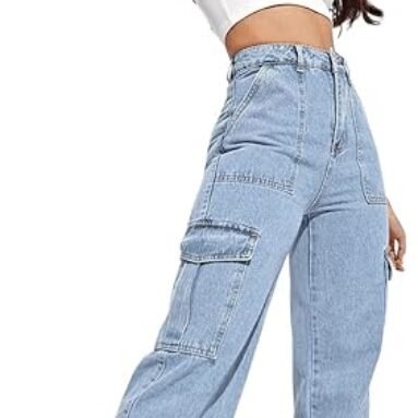 SweatyRocks Women’s High Waist Cargo Jeans Flap Pocket Wide Leg Denim Pants