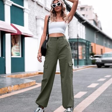 ZMPSIISA Women High Waisted Cargo Pants Wide Leg Casual Pants 6 Pockets Combat Military Trousers